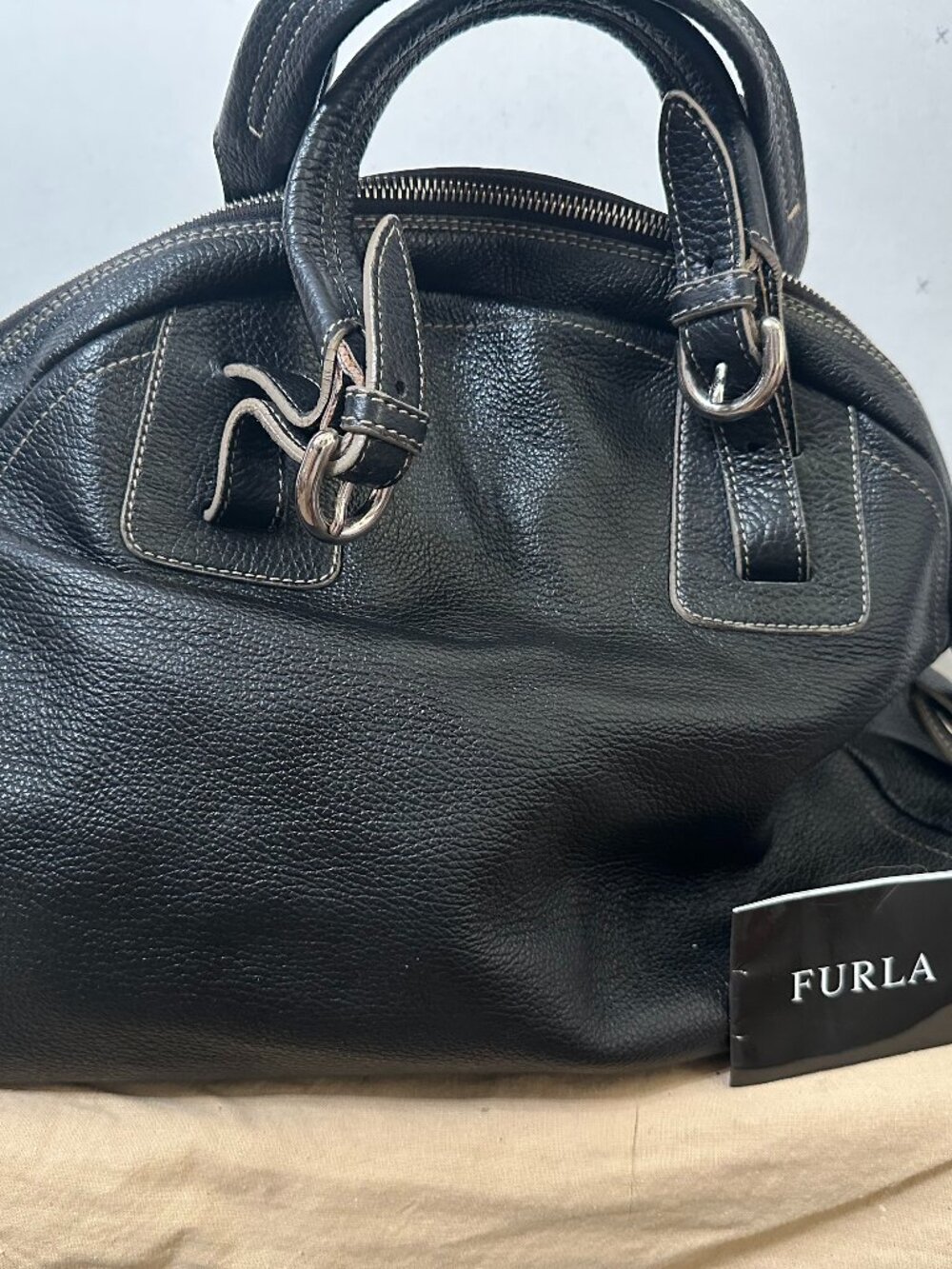 Furla Black Pebbled Leather Dome Satchel Bowling Bag Made in Italy